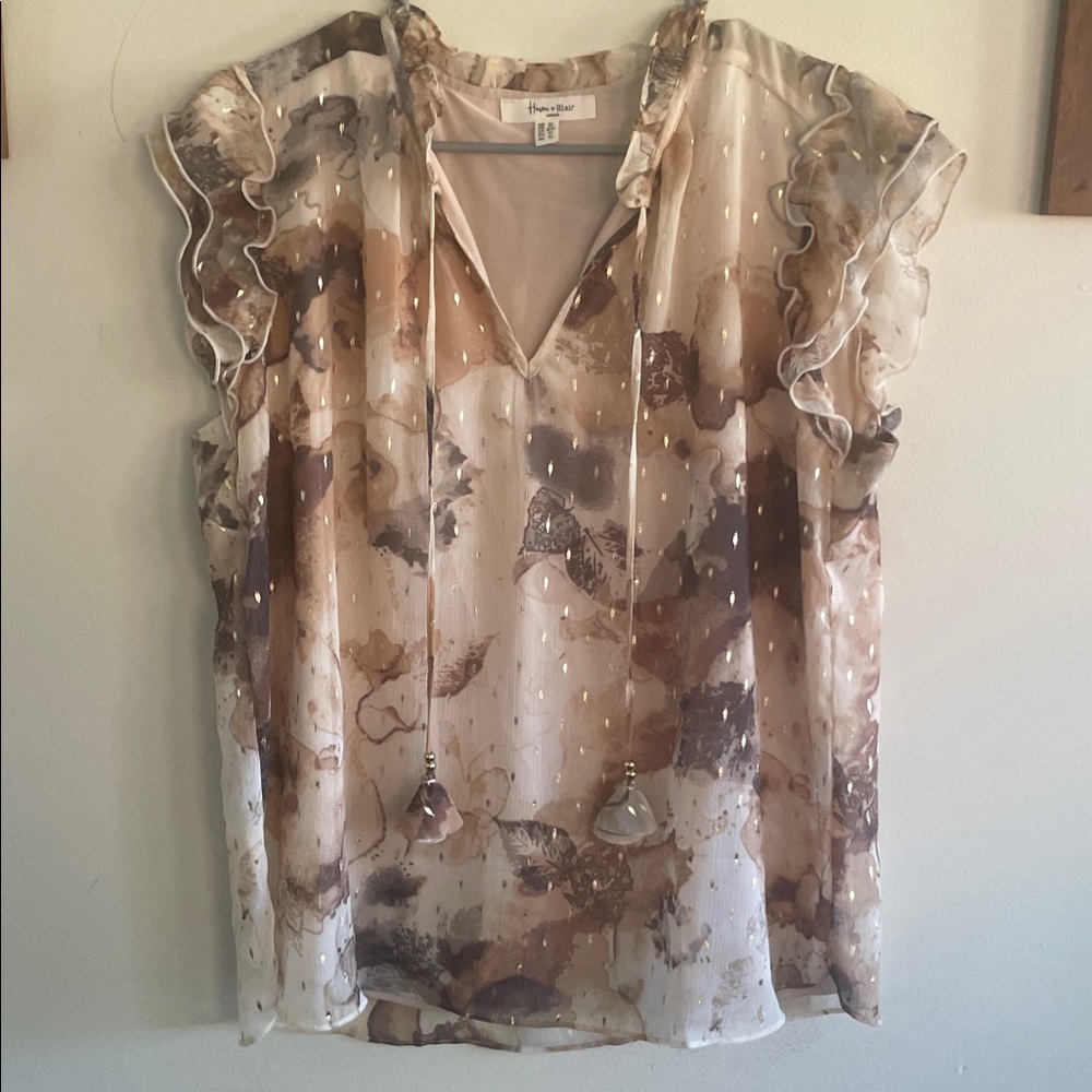 Sheer Ruffle Sleeve Blouse with Tie Neck